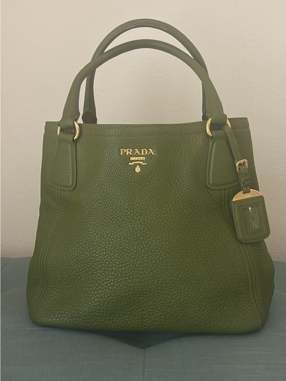 Prada Olive Green Pebbled Leather Satchel with Gold Hardware - Picture 1 of 5